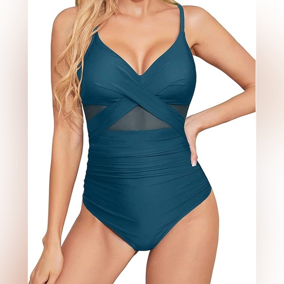 Mesh Insert Ruched Swimsuit - Picture 1 of 11